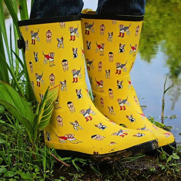 Women's Pup Parade Yellow Waterproof Tall Knee High Rubber landchief Rain Boot - Picture 2 of 7